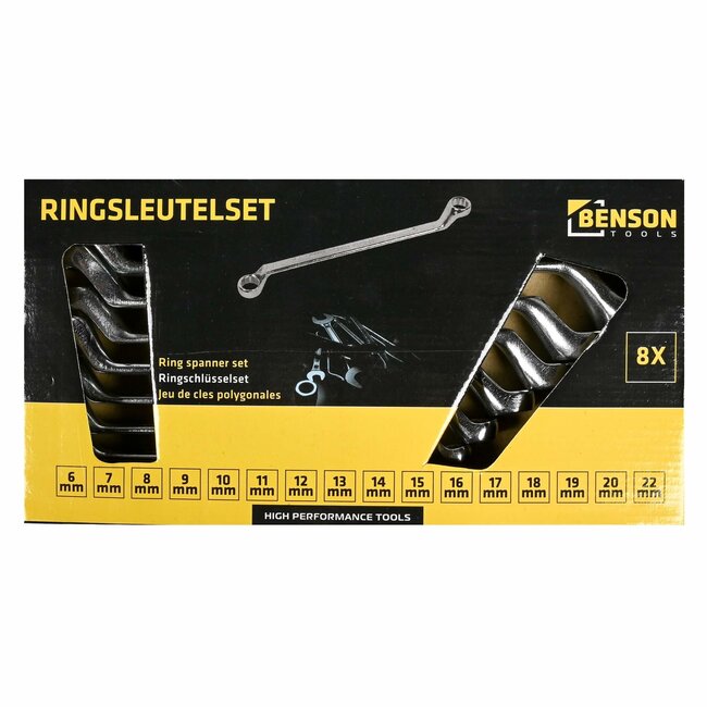 Benson 8-delige ringsleutelset - 6 tot 22 mm - Chroom-vanadiumstaal - 12-hoekige bekken
