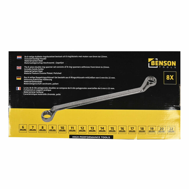 Benson 8-delige ringsleutelset - 6 tot 22 mm - Chroom-vanadiumstaal - 12-hoekige bekken