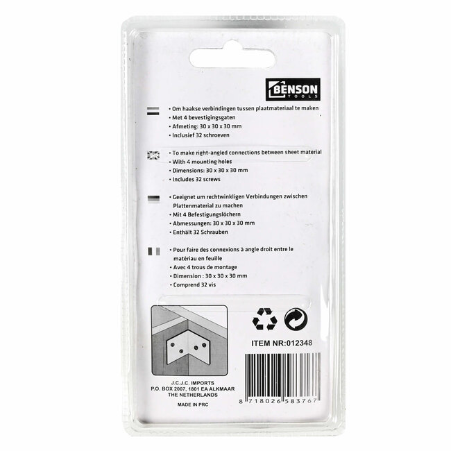 Benson Versterkingshoek - Verzinkt IJzer - Inclusief Schroeven - 30 x 30 x 30 mm - Set van 8