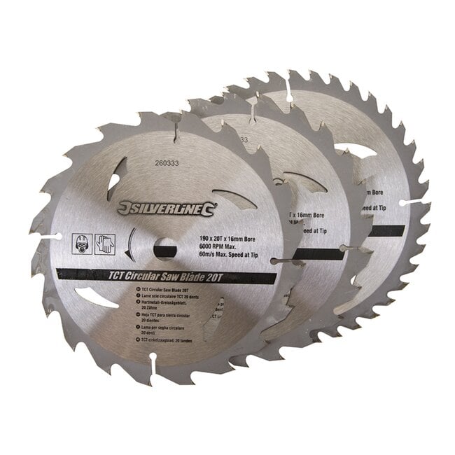 Silverline Cirkelzaagbladenset - hardmetaal - 190 mm, asgat 16 mm - grijs - 3 stuks - 20/24/40 tanden - voor hout en plaatmateriaal