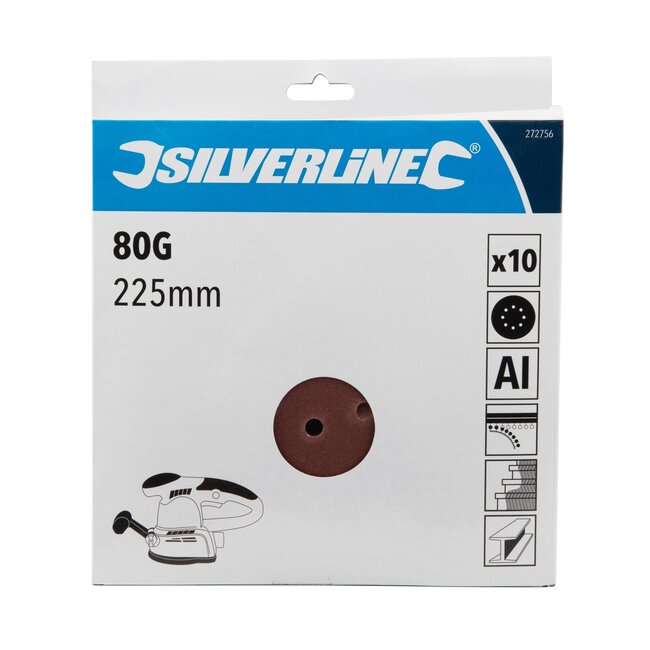 Silverline Schuurschijven met klittenband - aluminiumoxide - rond 22,5 cm - 8-gaats - korrel 80 - 10 stuks - voor hout en metaal