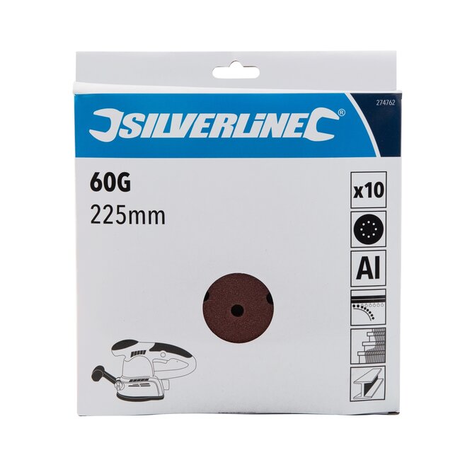 Silverline Schuurschijven klittenband - aluminiumoxide - 8-gats korrel 60 - 22,5 cm - bruin - 10 stuks - muurschuren