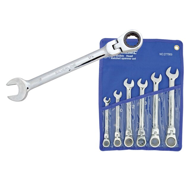 Silverline Flexibele steek-ringratelsleutel set - 180° kantelbare kop - 8 t/m 17 mm - 6-delig - met opbergetui