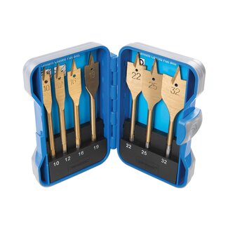 Silverline platborenset – Ø 10–32 mm – koolstofstaal met titaniumcoating – 7-delig – blauwe koffer – snel boren in hout, kunststof