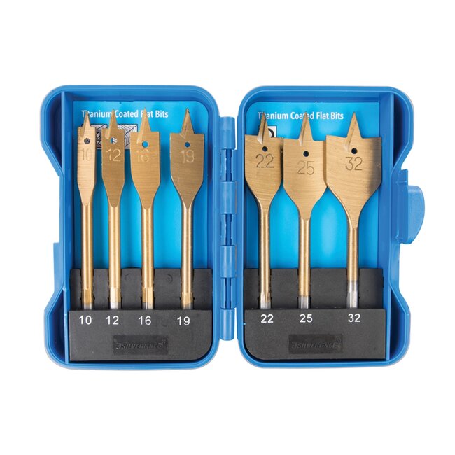 Silverline platborenset – Ø 10–32 mm – koolstofstaal met titaniumcoating – 7-delig – blauwe koffer – snel boren in hout, kunststof