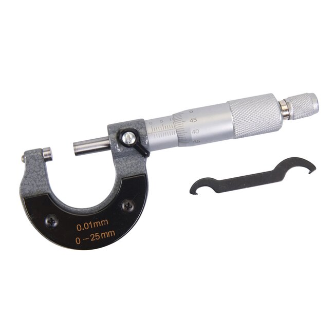 Silverline Externe micrometer - geëmailleerd - 0-25 mm bereik - 0,01 mm resolutie - met opbergdoosje