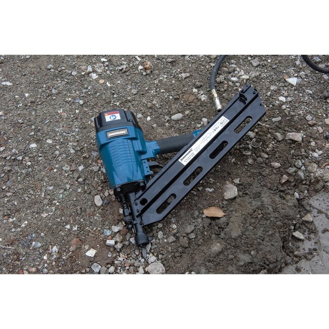 Silverline Pneumatische spijkertacker - magnesium behuizing - verstelbare inslagdiepte - 50-90 mm, 34 graden - dak, hek, vloer