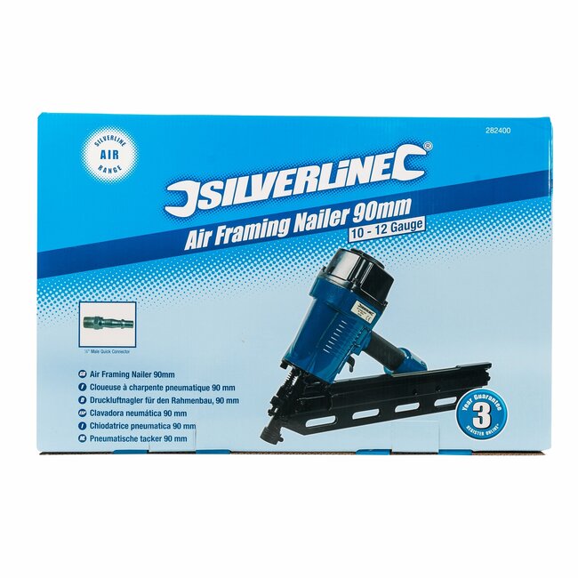 Silverline Pneumatische spijkertacker - magnesium behuizing - verstelbare inslagdiepte - 50-90 mm, 34 graden - dak, hek, vloer
