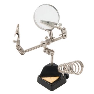 Silverline soldeerhulp derde hand - gietijzer - vergrootglas 60 mm 3x - zwart - met soldeerijzerhouder en spons - voor elektronica