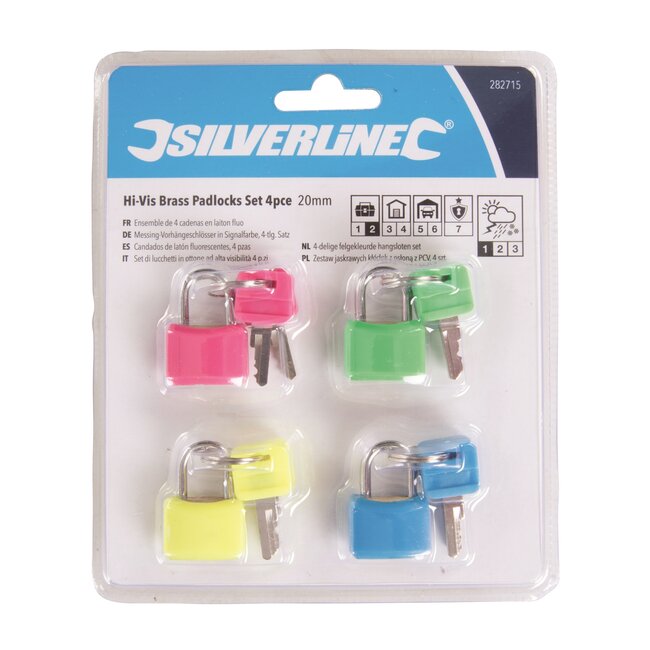 Silverline set hangsloten - messing slotlichaam, 20 mm - felgekleurd - 4 stuks - voor beveiliging van gereedschapskist en kluisje