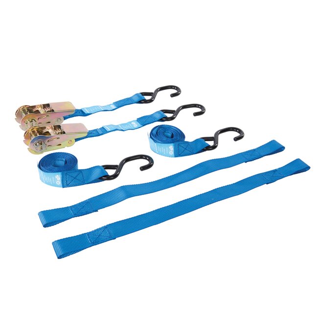 Silverline Ratelspanbanden set - polyester - 25 mm - geel - 4-delig - s-haken en veiligheidslussen - motor, jetski en quad transport
