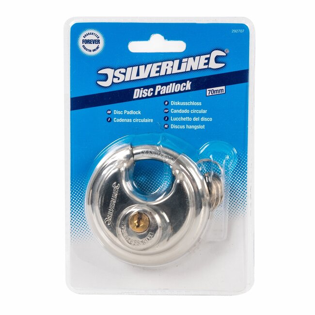 Silverline Discus hangslot - rvs - geharde beugel, antiroest - diameter 70 mm - zilver - inclusief 3 sleutels - aanhanger en dissel