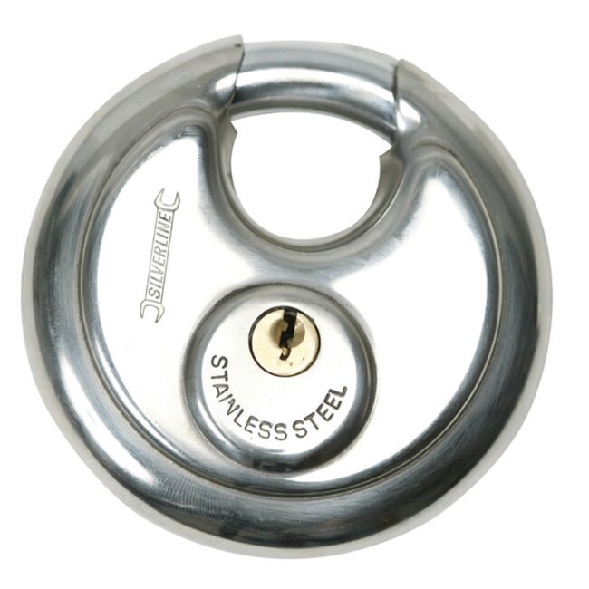 Silverline Discus hangslot - rvs - geharde beugel, antiroest - diameter 70 mm - zilver - inclusief 3 sleutels - aanhanger en dissel