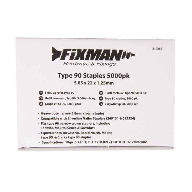 Fixman tackernieten type 90 smalle kroon - metaal - voor zwaar werk bevestigen - 22 mm - grijs - 5000 stuks - bekleding en hout