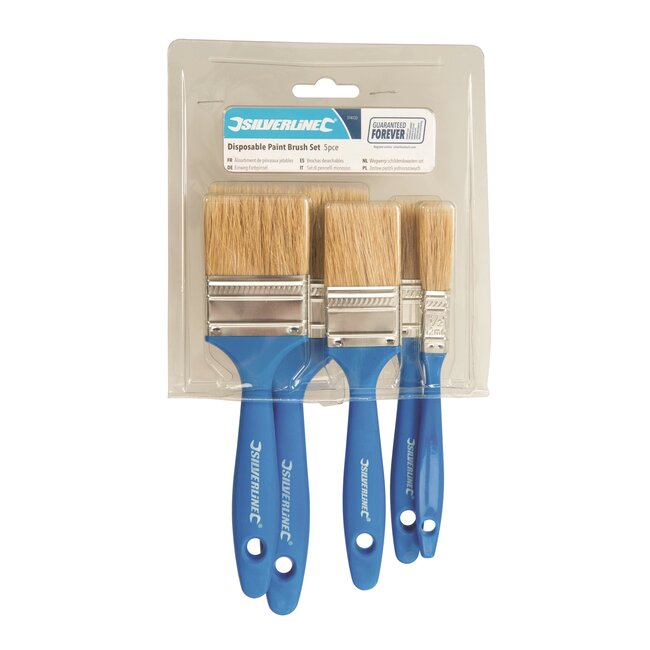 Silverline Schilderskwastenset plat - borstelhaar naturel - 12/25/40/50/75 mm - 5-delig - wegwerp - schoonmaak en fijn werk