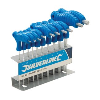 Silverline Inbussleutelset T-greep - 2 t/m 10 mm - gehard staal, satijnchroom - 10-delig - ergonomisch - met opbergrek voor montage