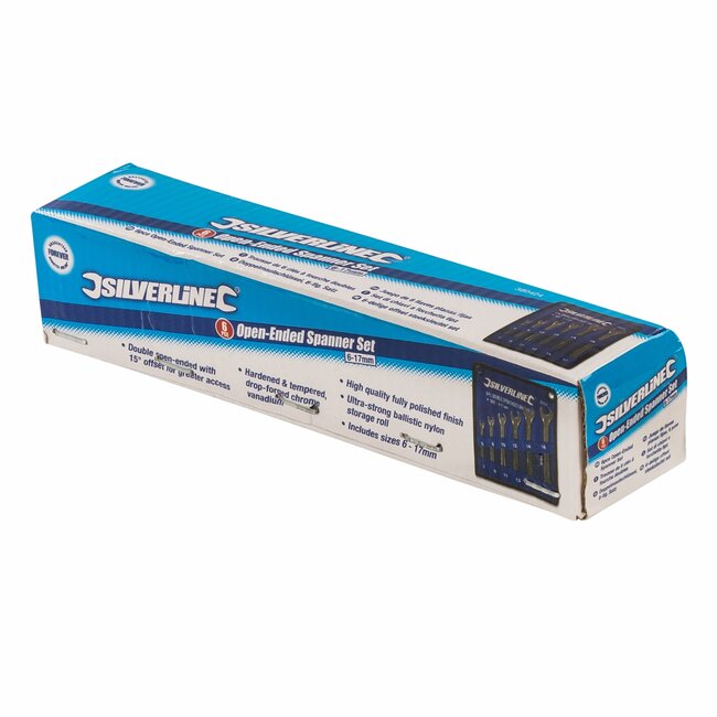 Silverline Dubbel open steeksleutelset 15° kophoek - chroom-vanadiumstaal - 6-17 mm - chroom - 6-delig - montage en onderhoud