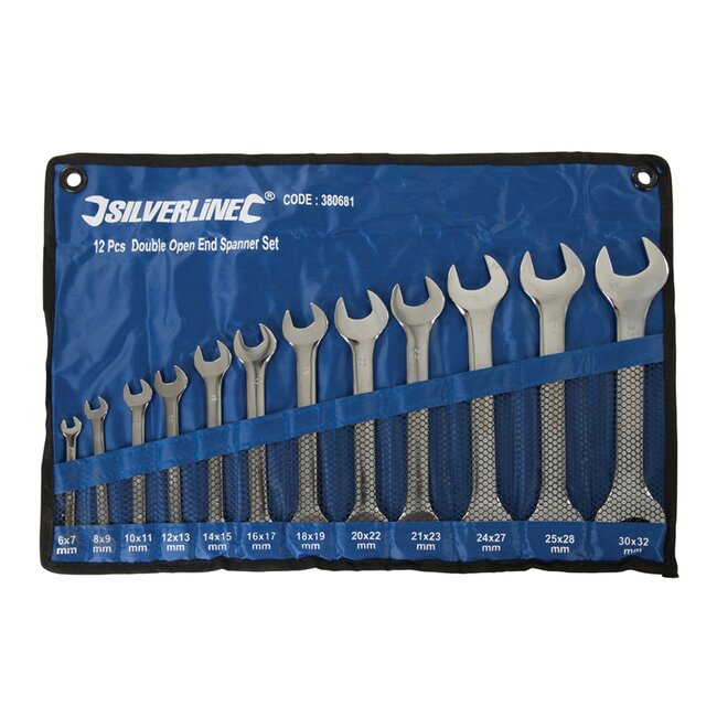 Silverline 12-delige set dubbelzijdige steeksleutels - 6 t/m 32 mm - 15° hoek - gehard chroom vanadium staal