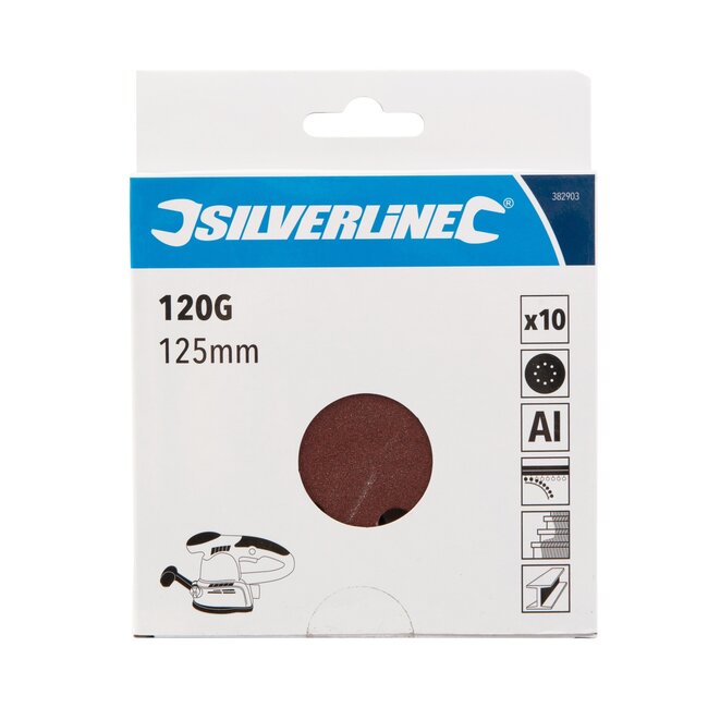 Silverline Klittenband schuurschijven - 12,5 cm rond - aluminiumoxide - 8 gaten stofafvoer - bruin - 10 stuks - korrel 120 - hout