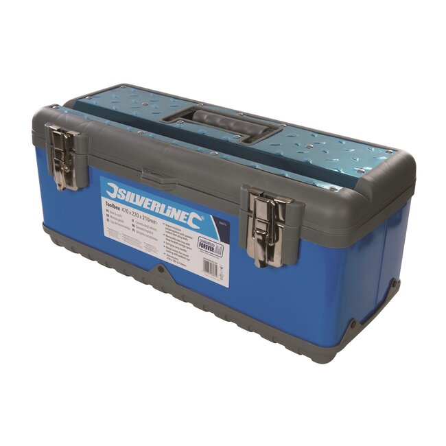 Silverline gereedschapskist - polypropyleen - slagvast, hangslotoog, softgrip handvat - 47 x 22 x 21 cm - grijs/blauw - werkplaats