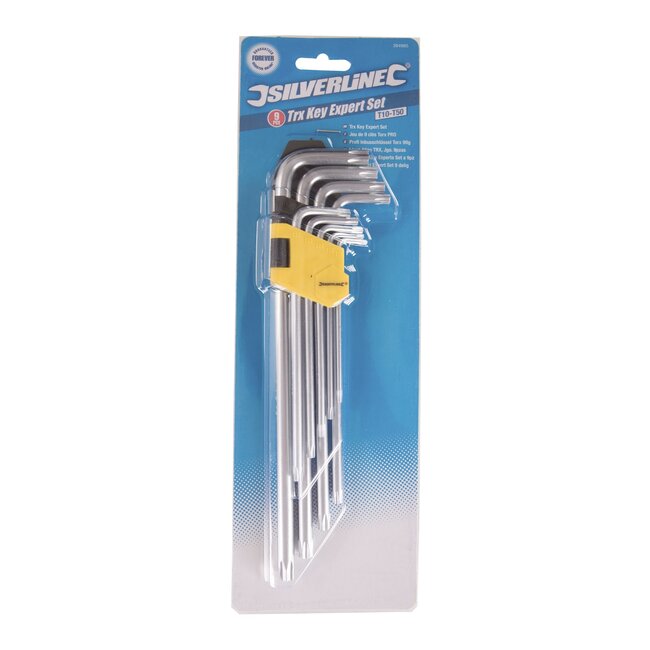 Silverline torxsleutelset - gehard chroom-vanadium - T10 t/m T50 - mat chroom - 9-delig - voor vast-/losdraaien van Torx schroeven