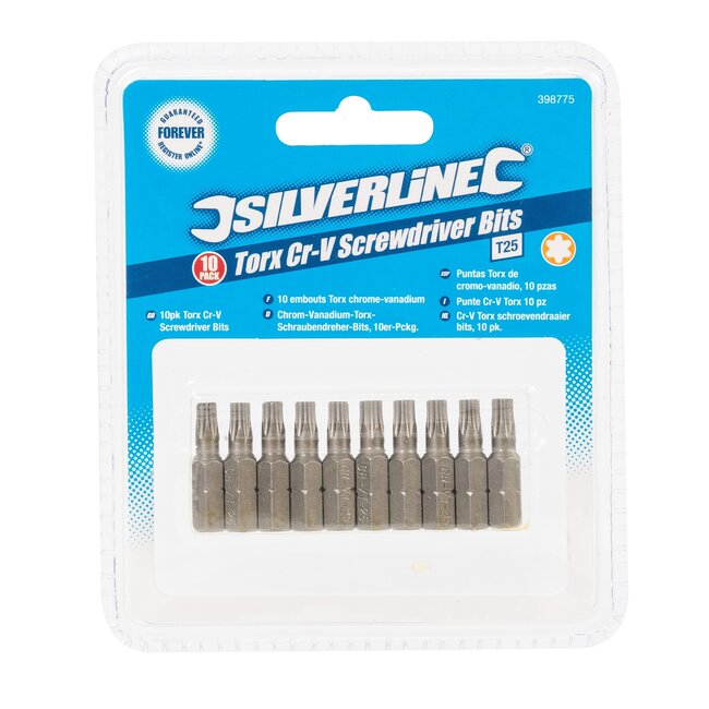 Silverline schroefbits torx T25 - chroom-vanadium staal - 25 mm - staalgrijs - 10 stuks - 1/4 duim zeskantschacht - precisiewerk