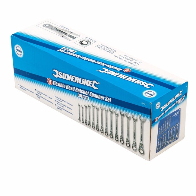 Silverline Flexibele steekringratelsleutelset 8 t/m 24 mm, chroom-vanadiumstaal, 180 graden kantelkop, zilverkleur, krappe plekken