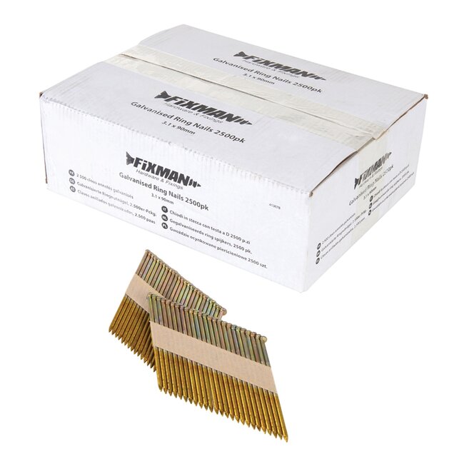 Fixman Ringnagels - verzinkt staal - weerbestendig - 34 graden D-kop - 3,1 x 90 mm - geel - 2500 stuks - voor hout