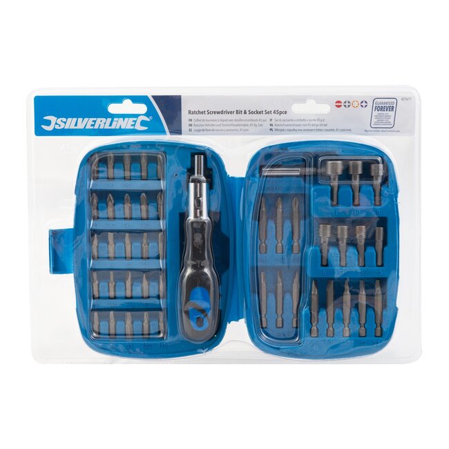 Silverline ratelschroevendraaierset - CrV-staal - links-rechts omschakelbaar - 60 mm bithouder - blauw - 45-delig - voor klussen