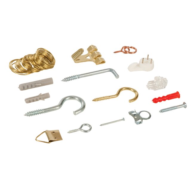 Fixman Ophangset assortimentsdoos - verzinkt en messingkleurig - 545-delig - diverse maten - fotolijsten en spiegels