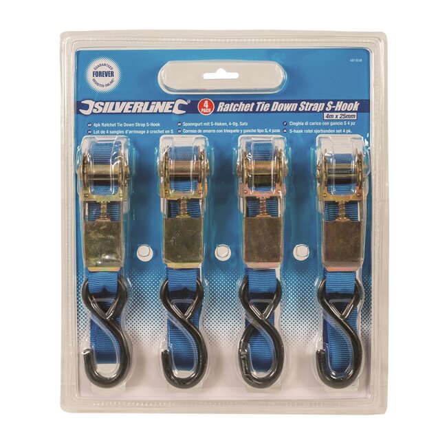 Silverline Ratelspanbanden met S-haken - polyester - ratelvergrendeling - 4 m - geel gepassiveerd - 4 stuks - 725 kg - transport