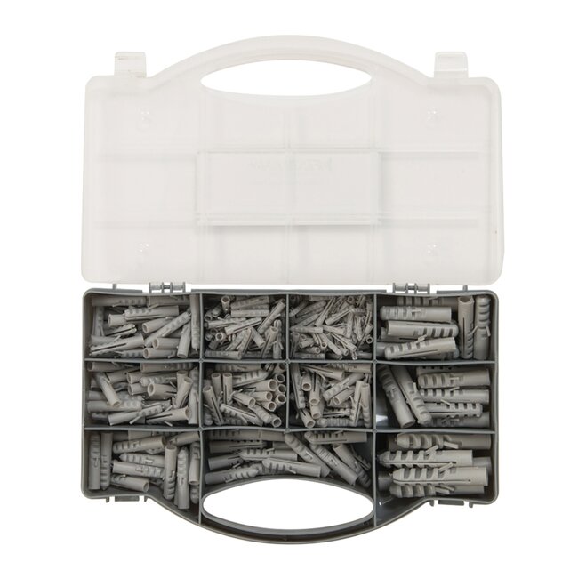 Fixman Nylon muurpluggen assortimentskoffer - dubbelzijdige uitzetting - 4-12 mm - grijs - 330 stuks - beton/metselwerk
