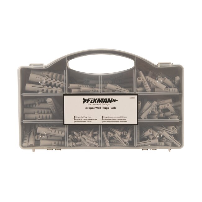 Fixman Nylon muurpluggen assortimentskoffer - dubbelzijdige uitzetting - 4-12 mm - grijs - 330 stuks - beton/metselwerk