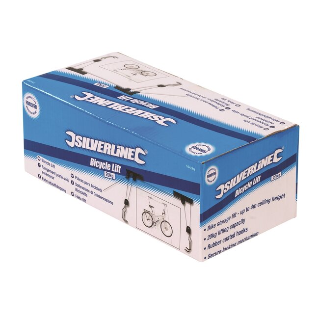 Silverline Fietslift plafondmontage - poedergecoat metaal - 20 kg - rubber gecoate haken, vergrendeling - 400 cm - zwart - garage