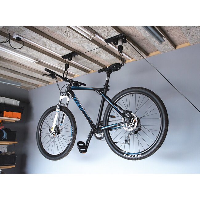Silverline Fietslift plafondmontage - poedergecoat metaal - 20 kg - rubber gecoate haken, vergrendeling - 400 cm - zwart - garage