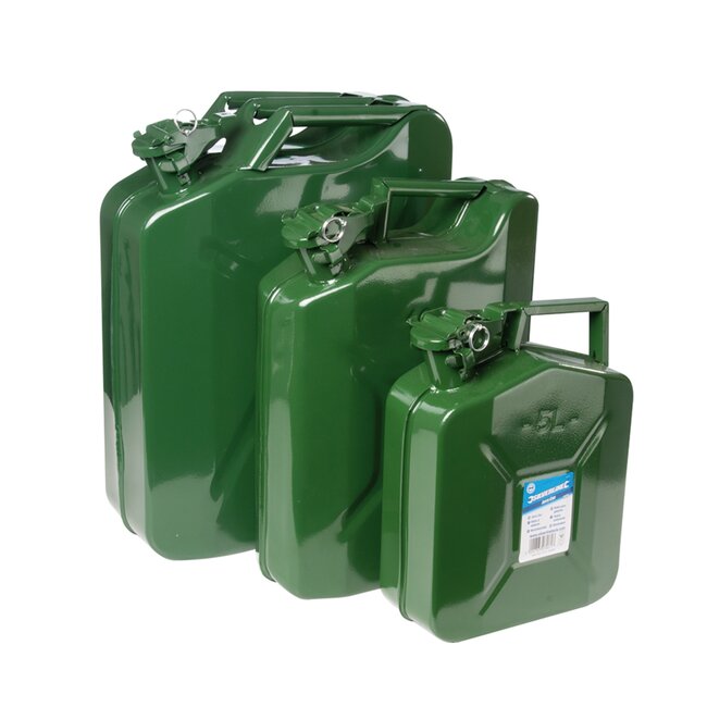 Silverline brandstof jerrycan - metaal - 10 liter - groen - lekvrije bajonetsluiting, VN-gekeurd - voor auto en werkplaats