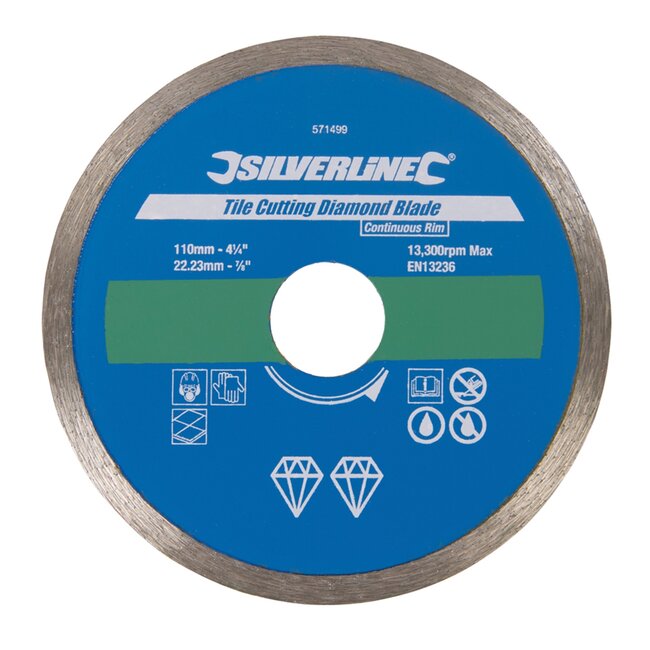 Silverline Diamant snijschijf - gesloten velg - diameter 11 cm - grijs - nat/droog slijpen - asgat 22,23 mm - tegels en natuursteen