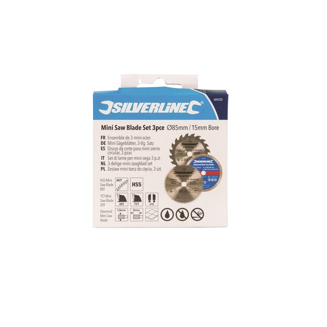 Silverline Mini cirkelzaagbladenset - hardmetaal, HSS, diamant - Ø 85 mm - met reductieringen - 3-delig - hout, kunststof, tegels