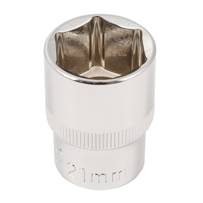 Silverline Zeskantdop ondiep 21 mm - chroom-vanadiumstaal - 1/2 inch aandrijving - roestbestendig - zilver - voor moeren en bouten