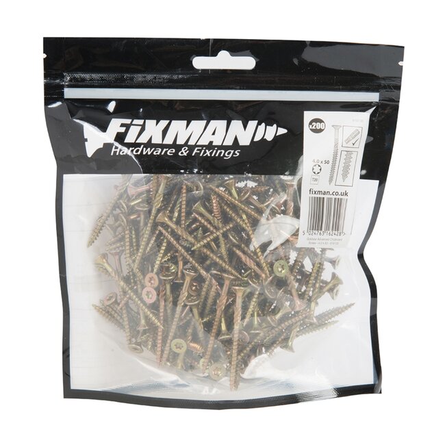 Fixman Super scherpe spaanplaatschroeven - Torx - Ø 4 x 50 mm - 200 stuks - geel verzinkt