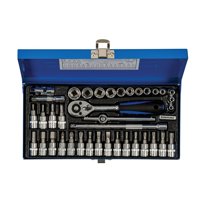 Silverline 38-delige dopsleutelset - metrisch - Torx, Inbus, PZ en sleuf - 4 tot 14 mm