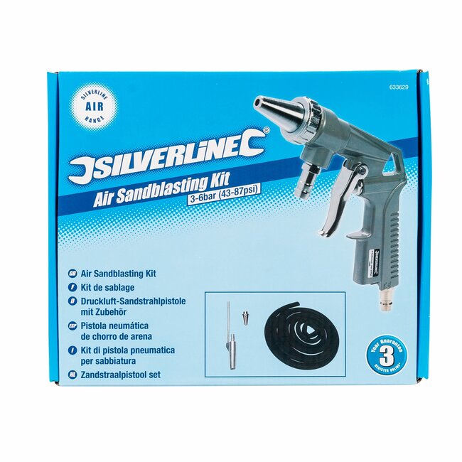 Silverline Zandstraalpistool set - metaal - roest- en verfverwijdering - slang 150 cm - metaalkleur - voor auto en werkplaats