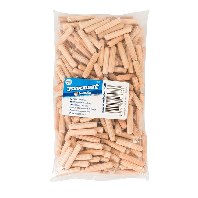 Silverline Deuvels - berkenhout - gegroefd - 6 x 30 mm - blank - 200 stuks - voor houtverbindingen, meubelbouw en houtbewerking