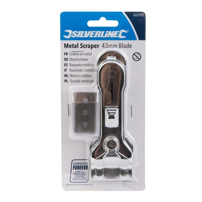 Silverline Glaskrabber - chroomgeplateerd staal - 43 mm - 10 dubbelzijdige mesjes - voor verf en resten op glas en glad oppervlak