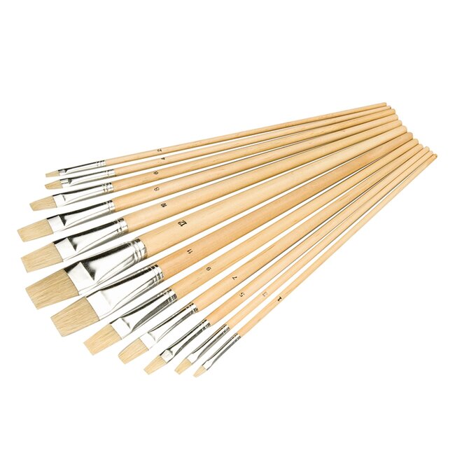Silverline 12-delige penselenset - platte punten - puur haar - houten handvaten - 1 mm tot 12 mm