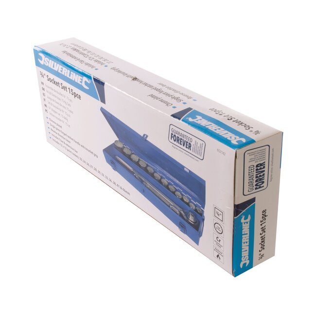 Silverline Doppenset 3/4 inch - verchroomd staal - ratel, T-greep en verlengstuk 200 mm - 22 t/m 46 mm - zilver - 15-delig - auto