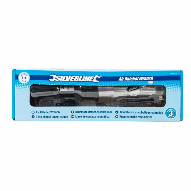 Silverline pneumatische ratelsleutel 1/2 inch - gepolijst staal - 61 Nm koppel 140 l/min - 260 mm - zilver - voor auto-onderhoud