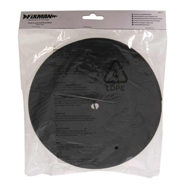 Fixman Klittenbandrol - nylon - dubbelzijdig, herbruikbaar - 13 mm x 5 meter - zwart - voor kabelbeheer en plantenbinding