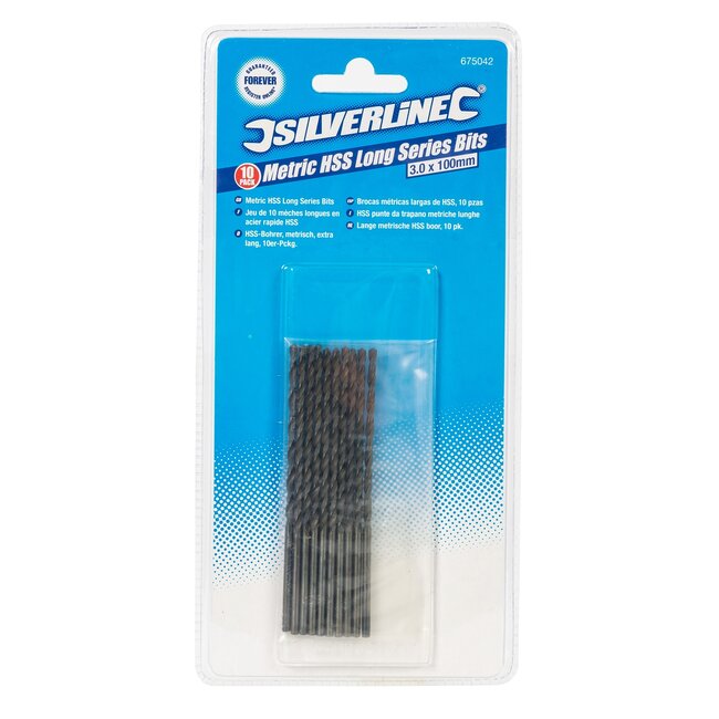 Silverline Set lange metaalboren - HSS-R staal - 118 graden punt - Ø 3 x 100 mm - zwart - 10 stuks - metaal, kunststof en hout