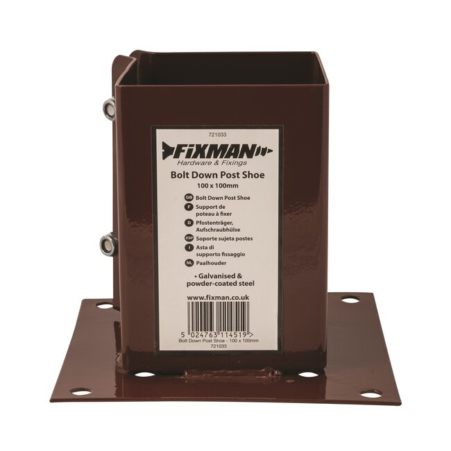 Fixman paalhouder op voetplaat - verzinkt staal - vast te bouten - 10 x 10 cm - grijs - roestbestendig voor palen op beton